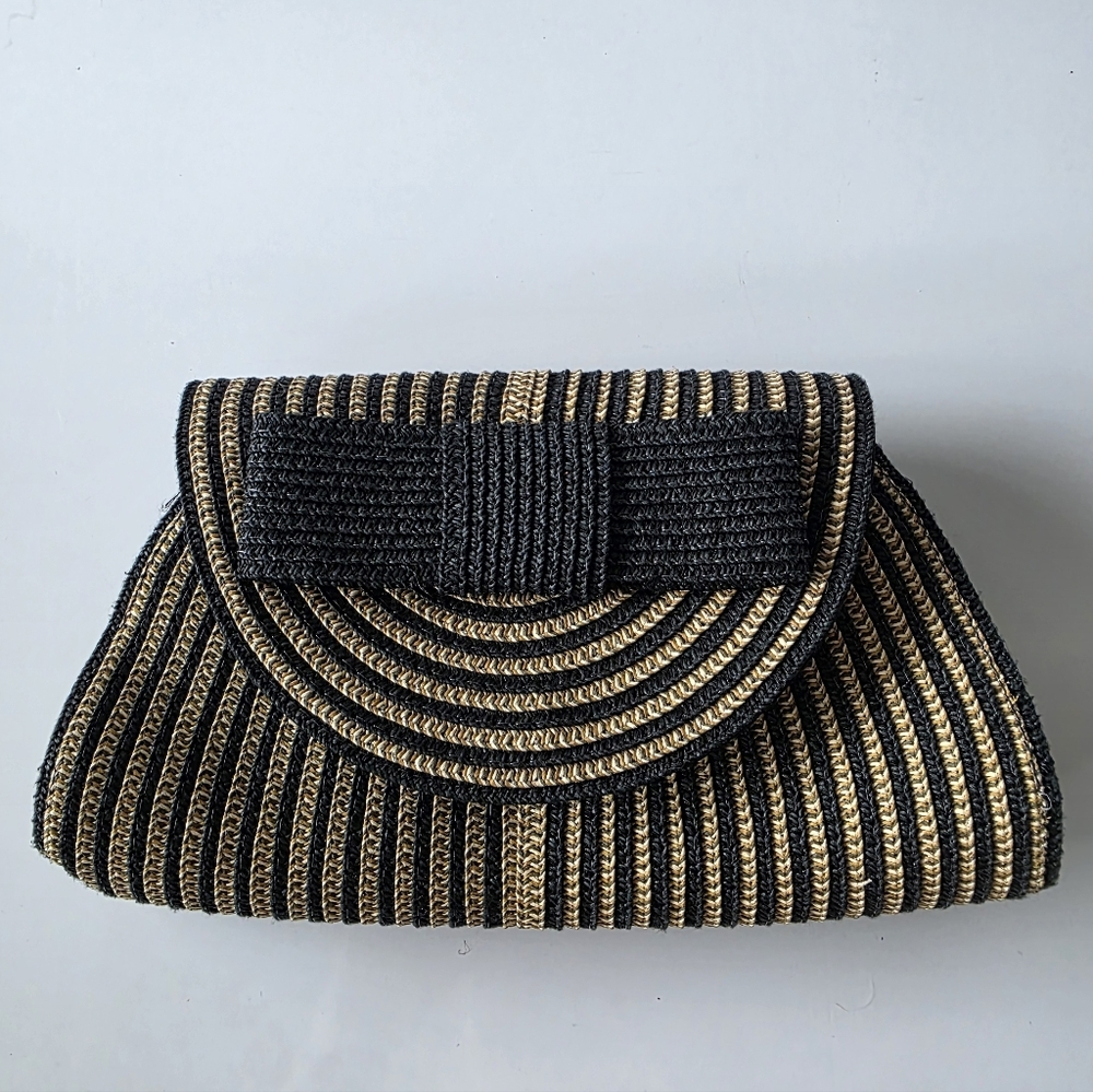 Vintage Black Tan Olive Woven Clutch Crossbody Straw Resort Bag - Picture 3 of 8